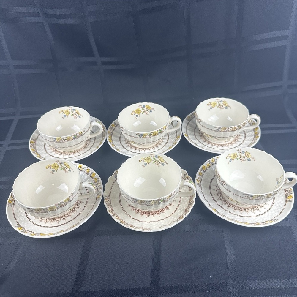 6 Spode Buttercup Teacup Saucer Sets Copeland England Scalloped Floral 12 Pieces